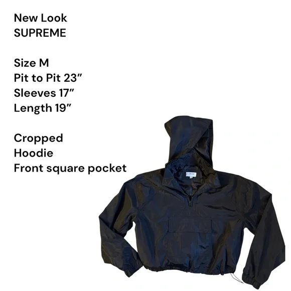 New Look Supreme Black Cropped Windbreaker Hoodie Medium Zip Front Pocket - Picture 6 of 9
